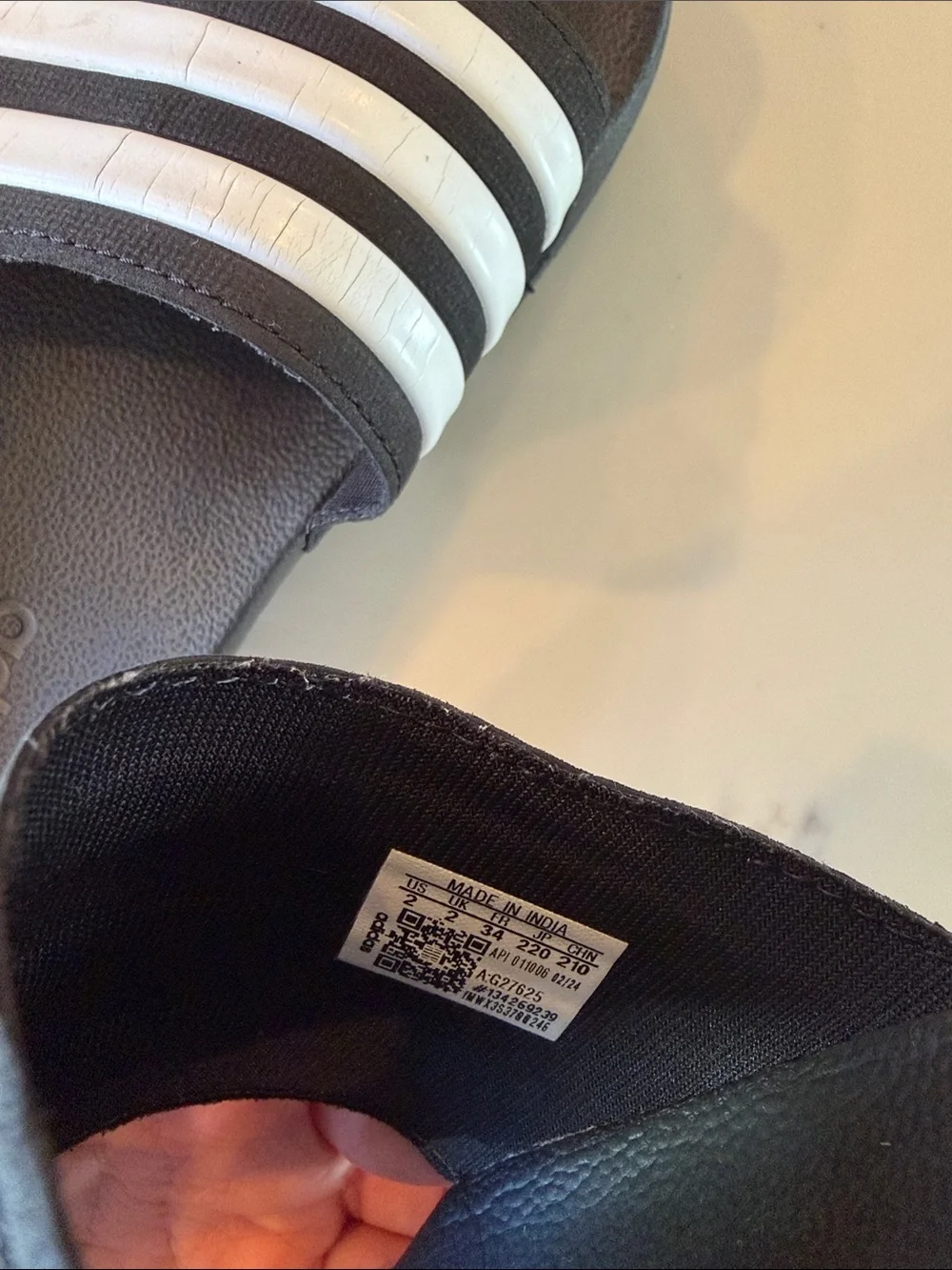 adidas Black Slide Sandals with White Stripes - Kids size 2
